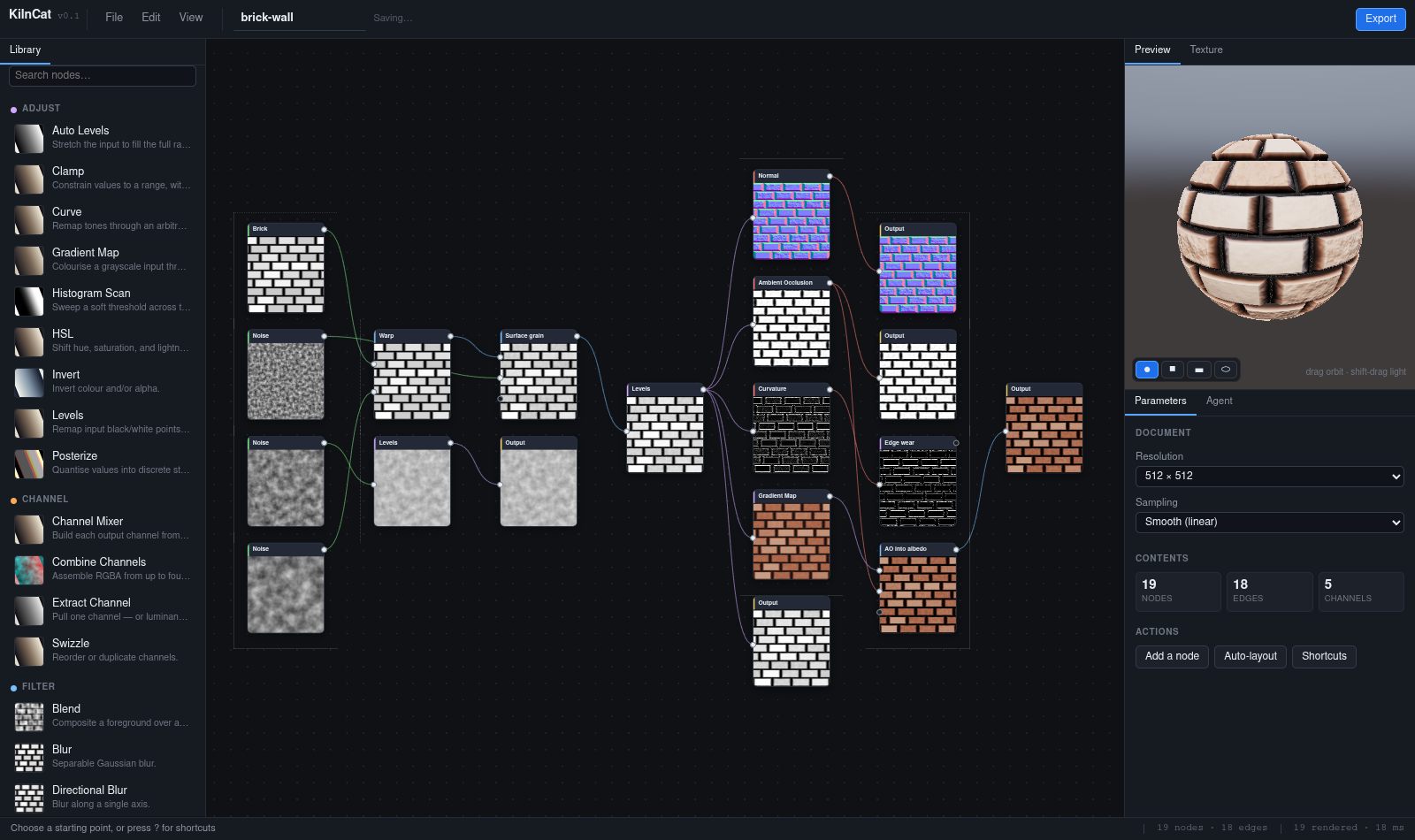 The KilnCat editor showing a brick material node graph and a live 3D preview