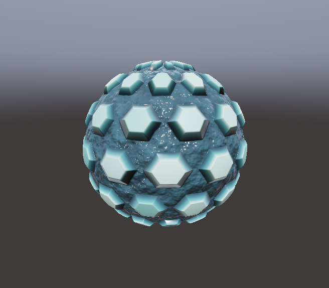 Procedurally generated glossy hex scale material on a sphere